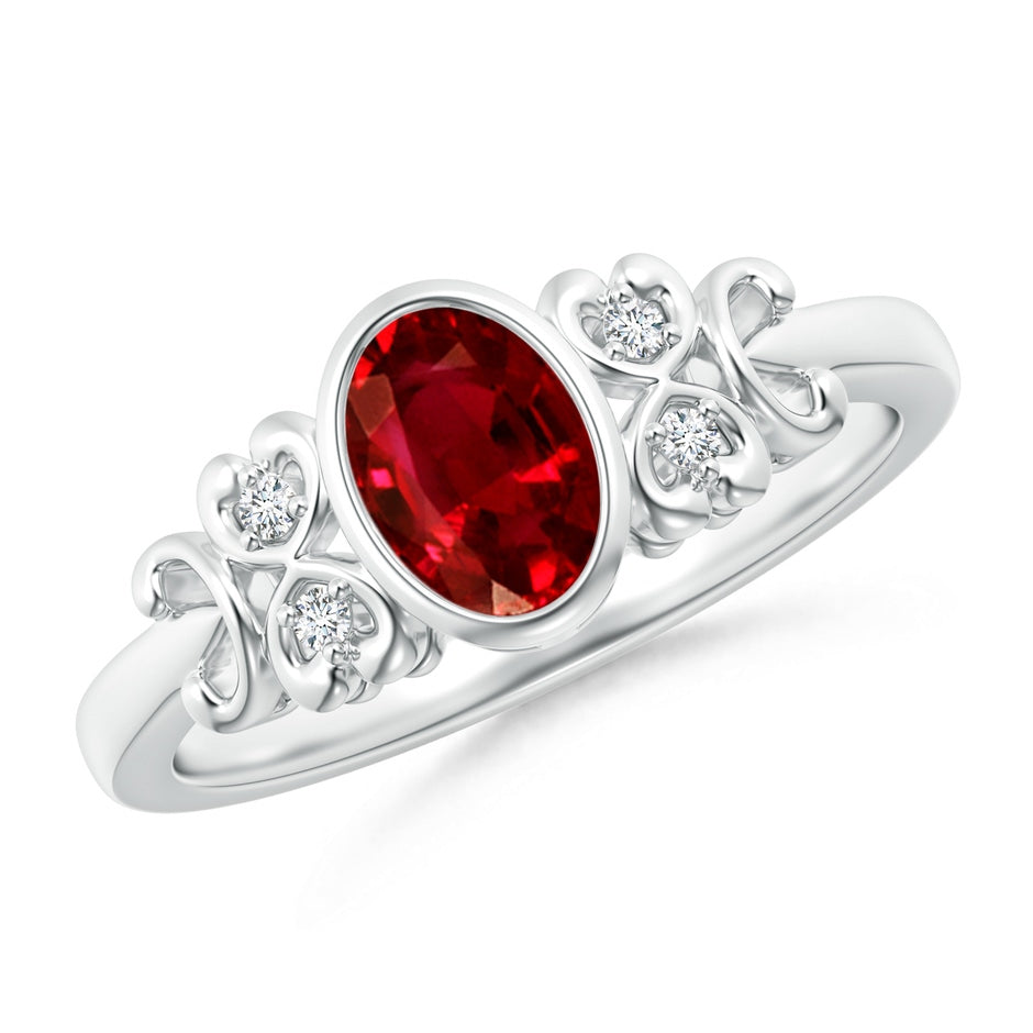 Lab-Grown Vintage Style Bezel-Set Oval Ruby Ring with Diamonds