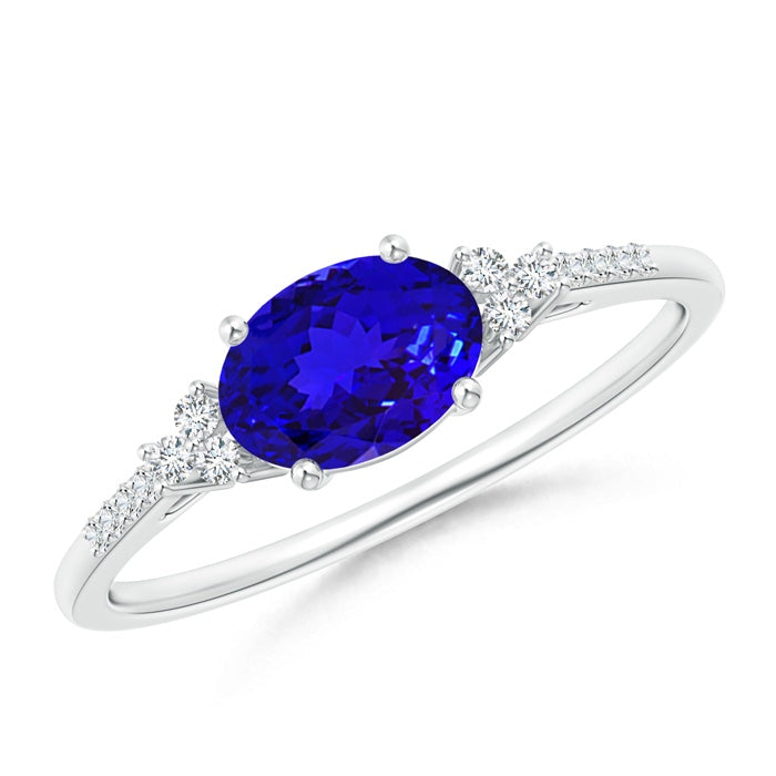 Horizontally Set Oval Tanzanite Solitaire Engagement Ring with Trio Diamond Accents