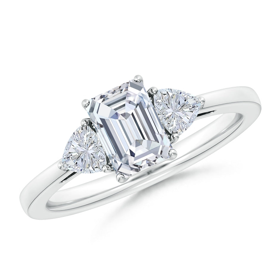 IGI Certified Lab-Grown Emerald-Cut and Trillion Diamond Three Stone Reverse Tapered Shank Engagement Ring