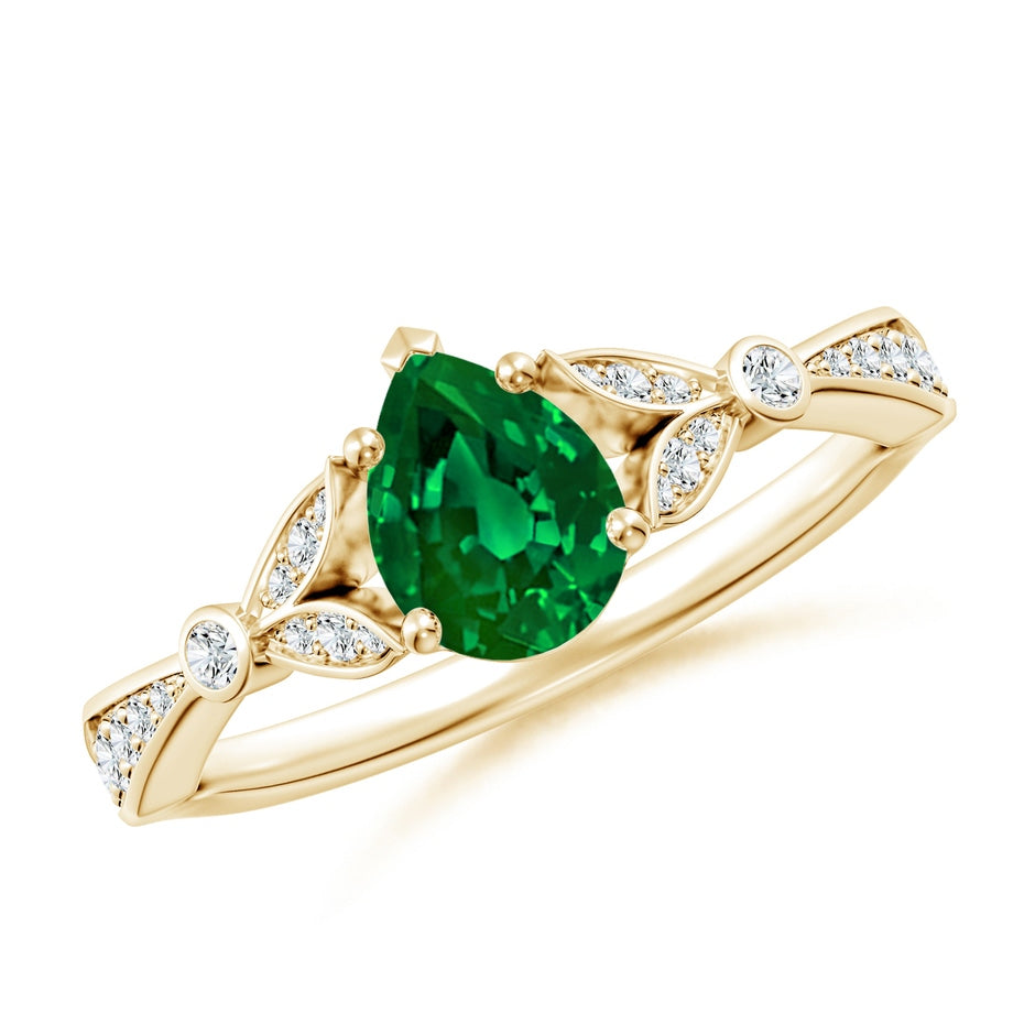 Lab-Grown Nature-Inspired Pear Emerald Engagement Ring with Leaf Motifs