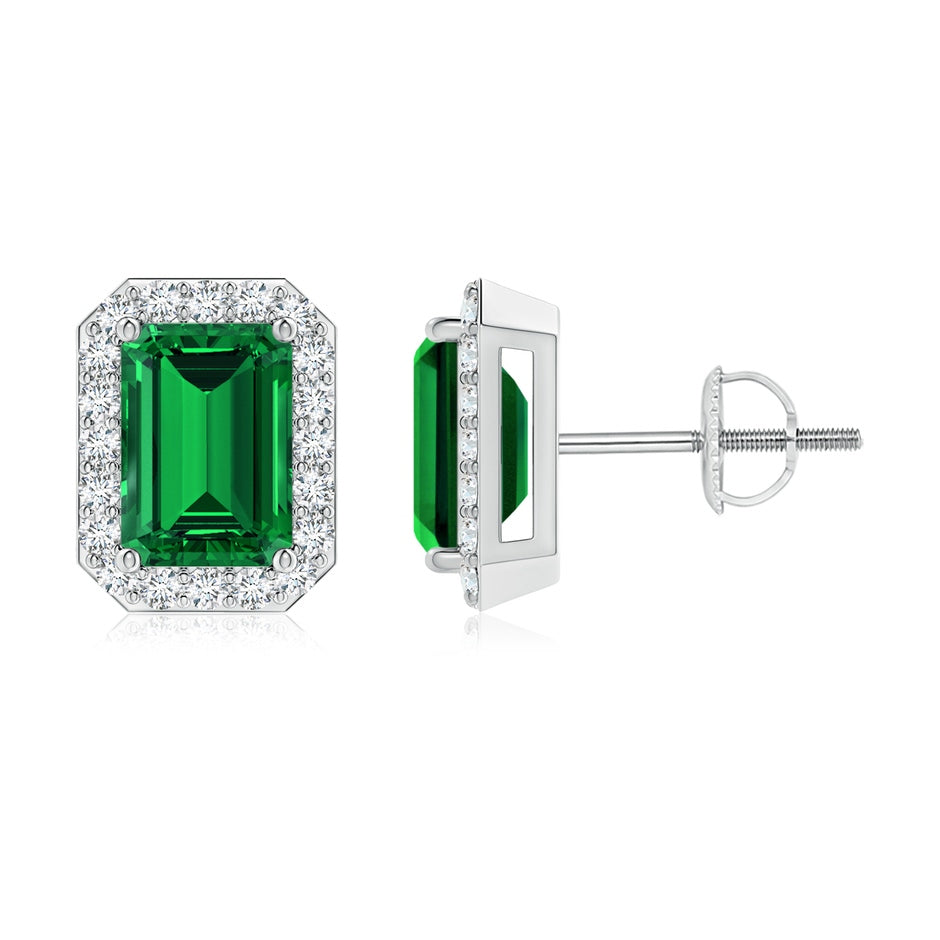 Lab-Grown Emerald-Cut Emerald Stud Earrings with Lab Diamond Halo