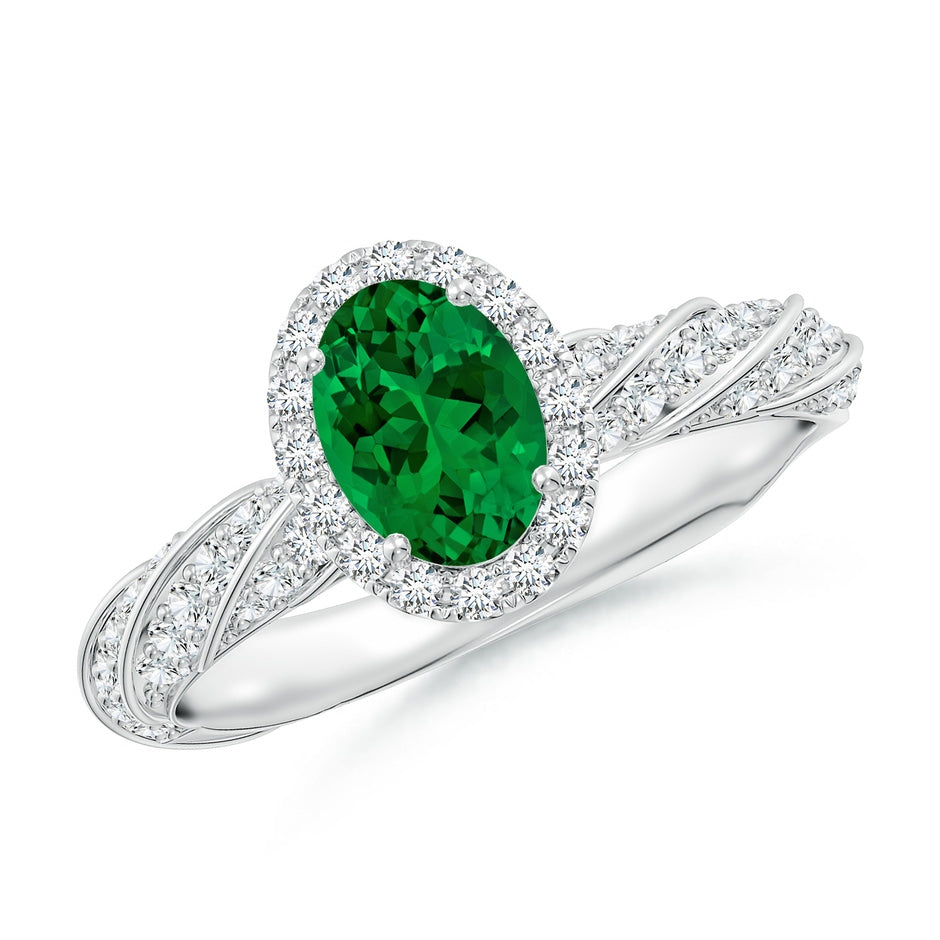 Oval Lab-Grown Emerald Halo Twisted Rope Shank Engagement Ring