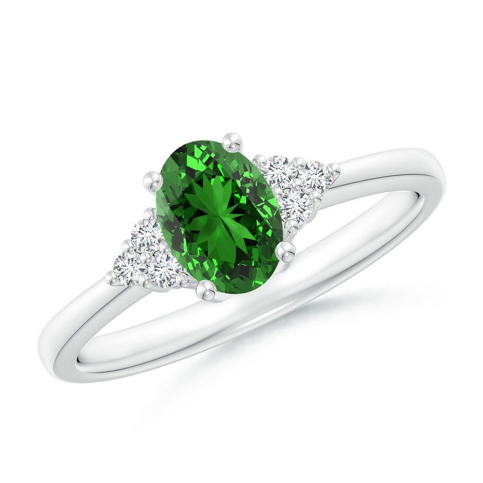 Lab-Grown Solitaire Oval Emerald Ring with Trio Lab Diamond Accents