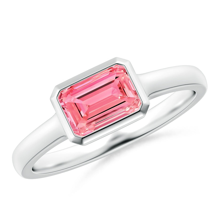 East-West Emerald-Cut Lab-Grown Fancy Intense Pink Diamond Solitaire Ring in Bezel Setting