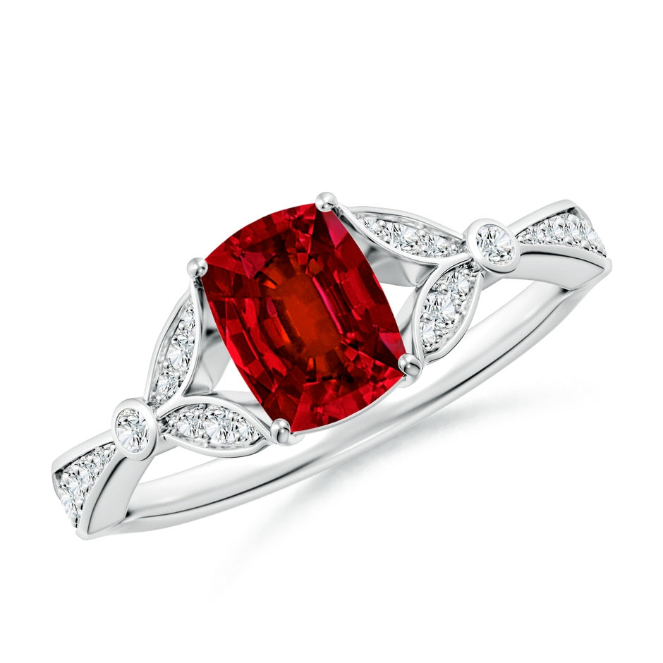 Lab-Grown Nature-Inspired Cushion Rectangular Ruby Engagement Ring with Leaf Motifs