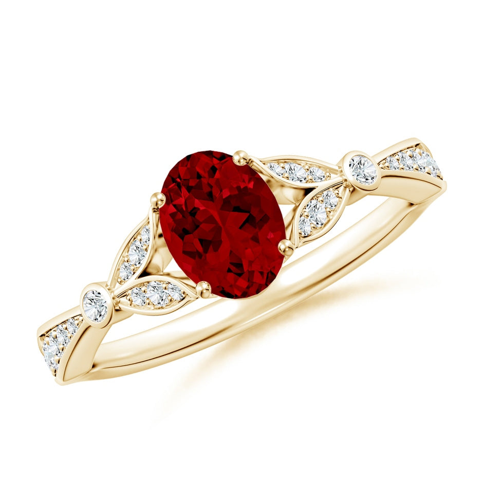 Lab-Grown Nature-Inspired Oval Ruby Engagement Ring with Leaf Motifs
