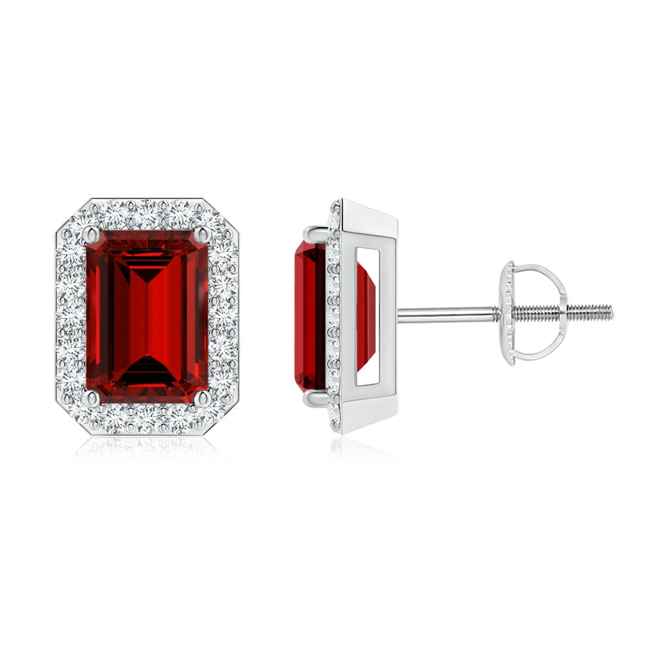 Lab-Grown Emerald-Cut Ruby Stud Earrings with Lab Diamond Halo