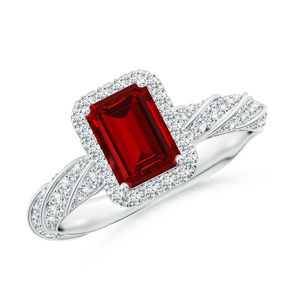 Emerald-Cut Lab-Grown Ruby Halo Twisted Rope Shank Engagement Ring