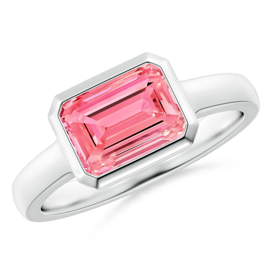 East-West Emerald-Cut Lab-Grown Fancy Intense Pink Diamond Solitaire Ring in Bezel Setting