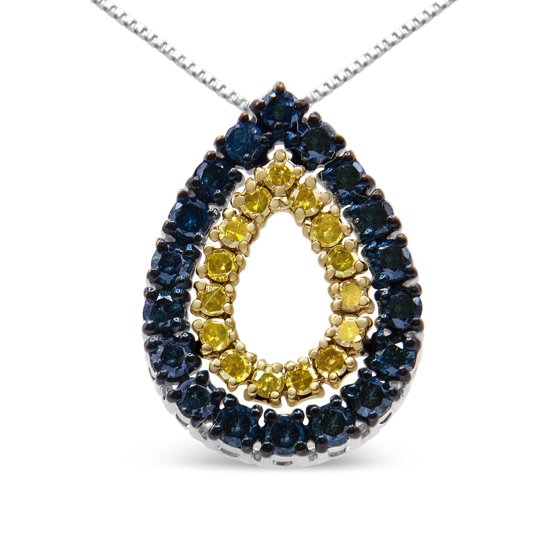 14K Yellow Gold Plated .925 Sterling Silver 1/2 Cttw Treated Blue and Yellow Diamond Double Pear Shaped 18' Pendant Necklace (Blue Color, I2-I3 Clarity)