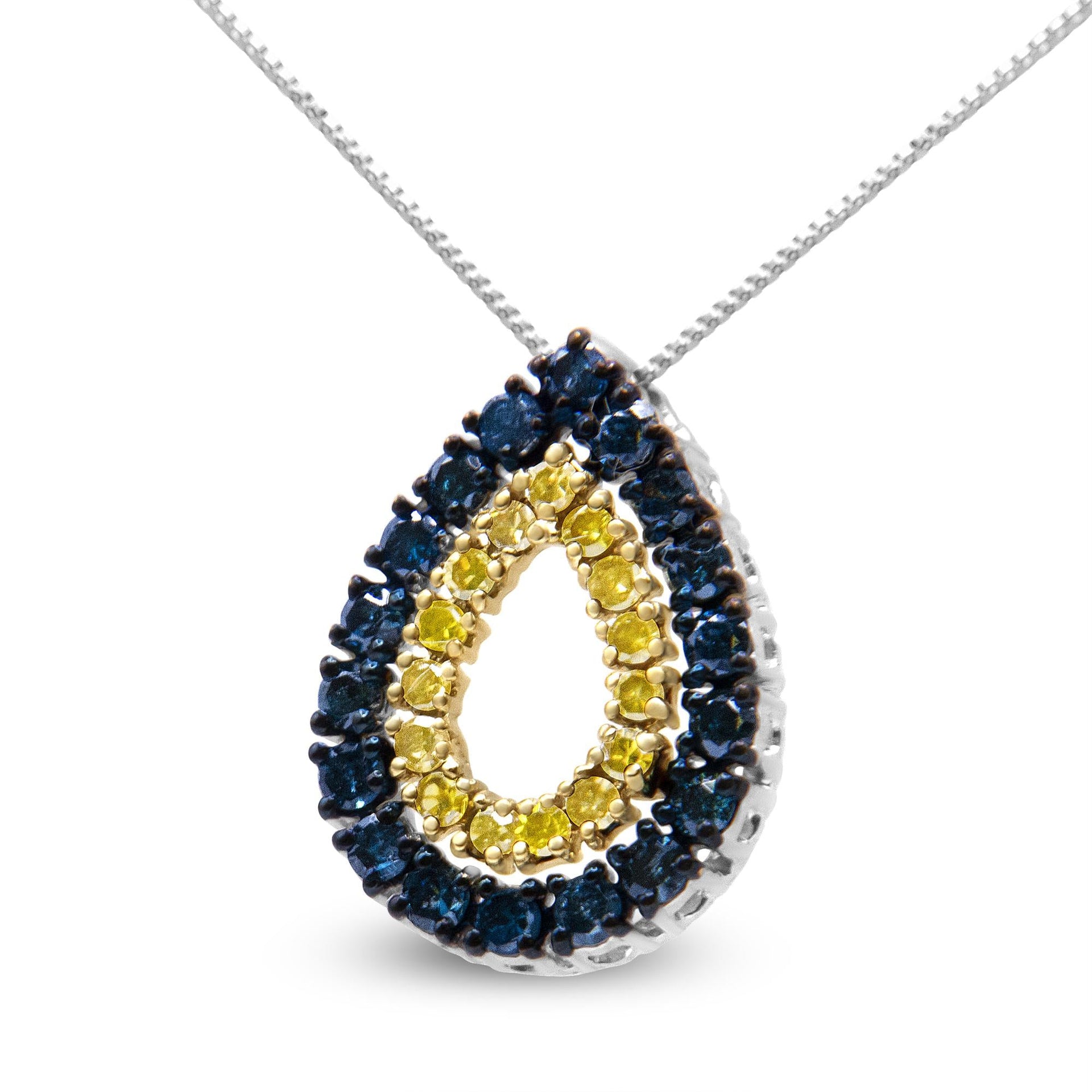 14K Yellow Gold Plated .925 Sterling Silver 1/2 Cttw Treated Blue and Yellow Diamond Double Pear Shaped 18' Pendant Necklace (Blue Color, I2-I3 Clarity)
