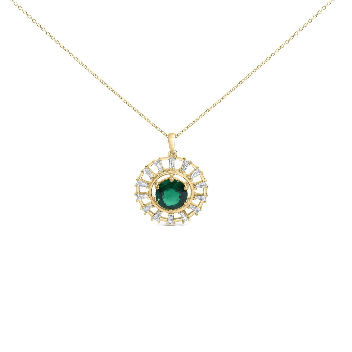 14KT Yellow Gold Plated .925 Sterling Silver Lab Grown Emerald and Baguette Diamond Medallion Pendant Necklace
