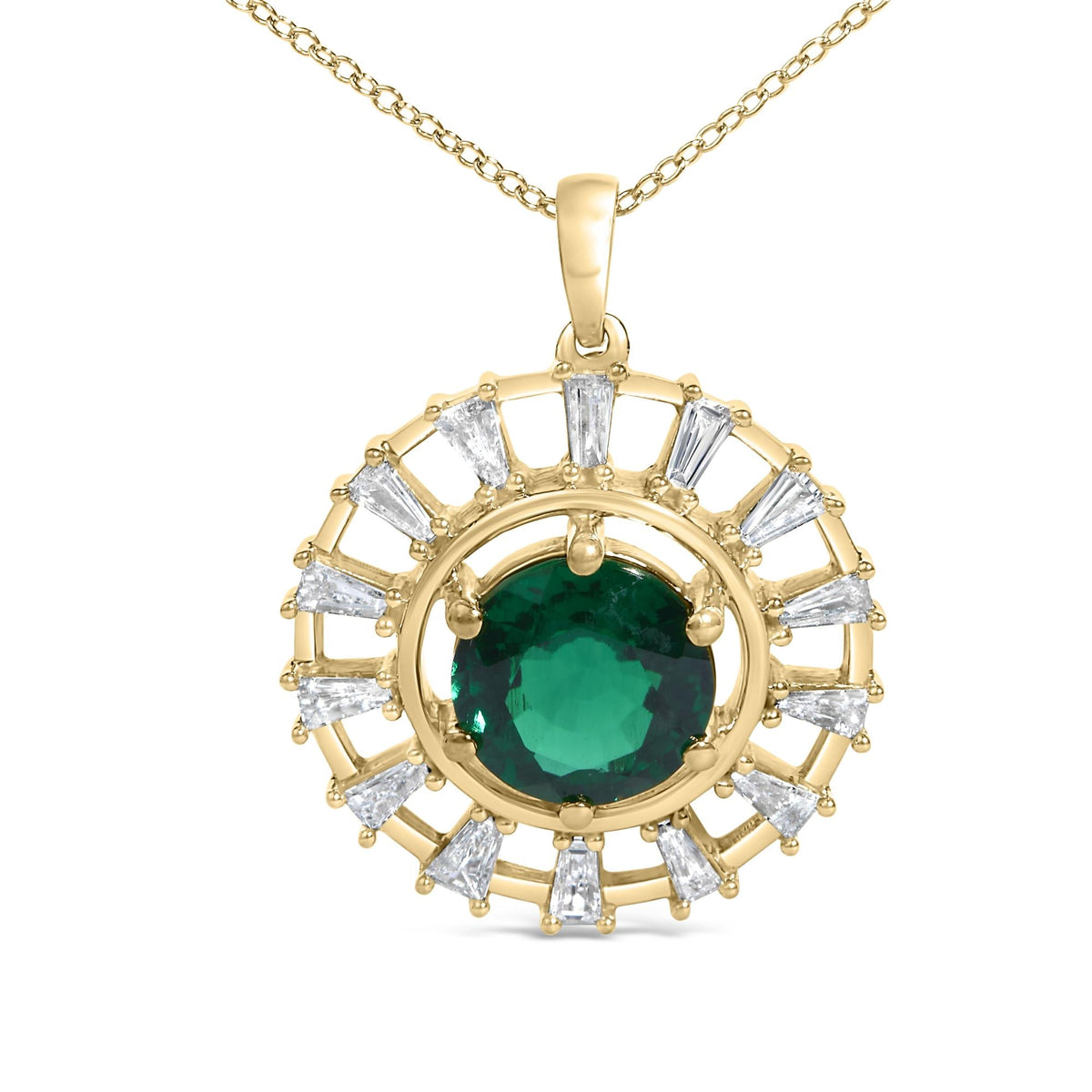 14KT Yellow Gold Plated .925 Sterling Silver Lab Grown Emerald and Baguette Diamond Medallion Pendant Necklace
