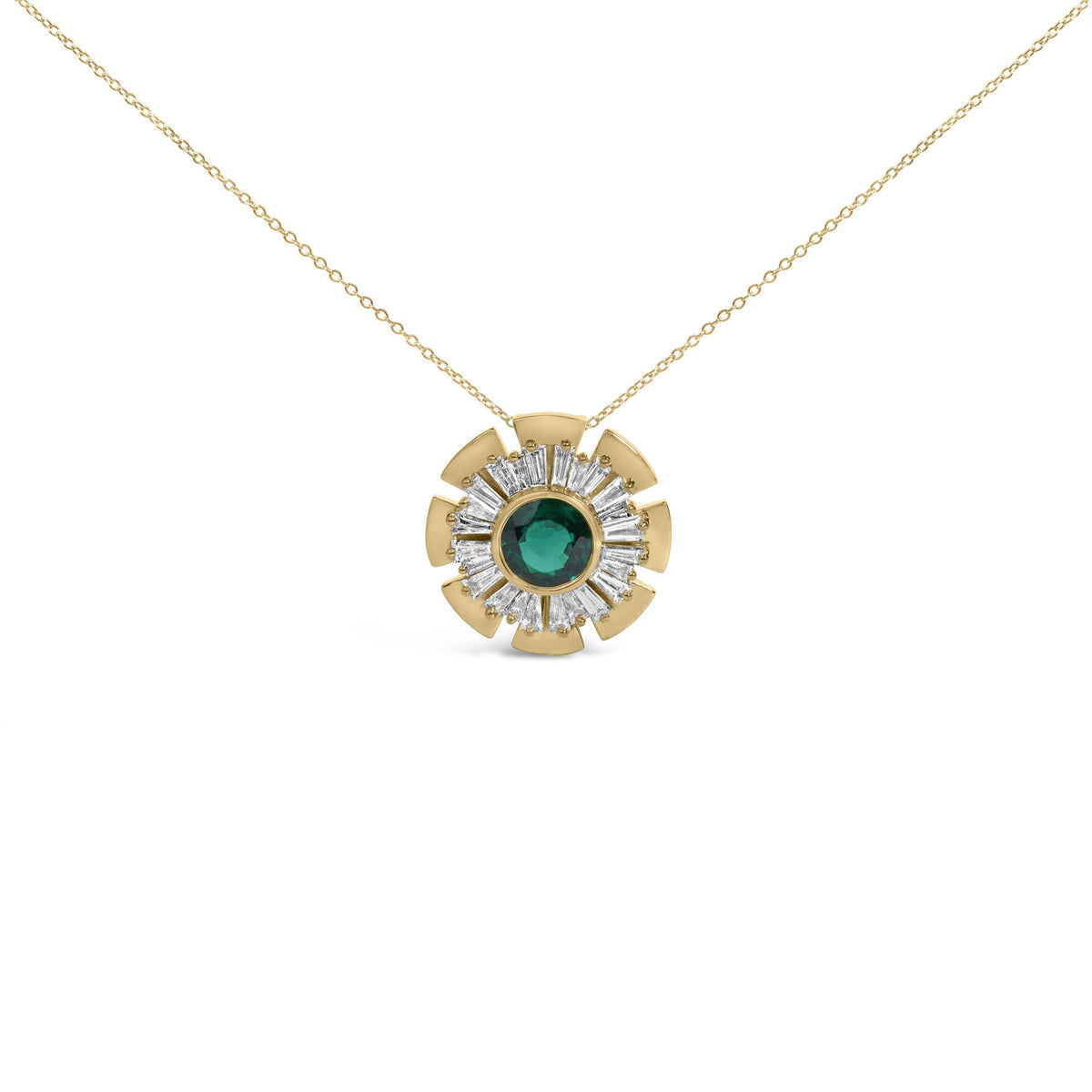 14K Yellow Gold Plated .925 Sterling Silver Lab Grown Emerald and Baguette Diamond Medallion Pendant Necklace