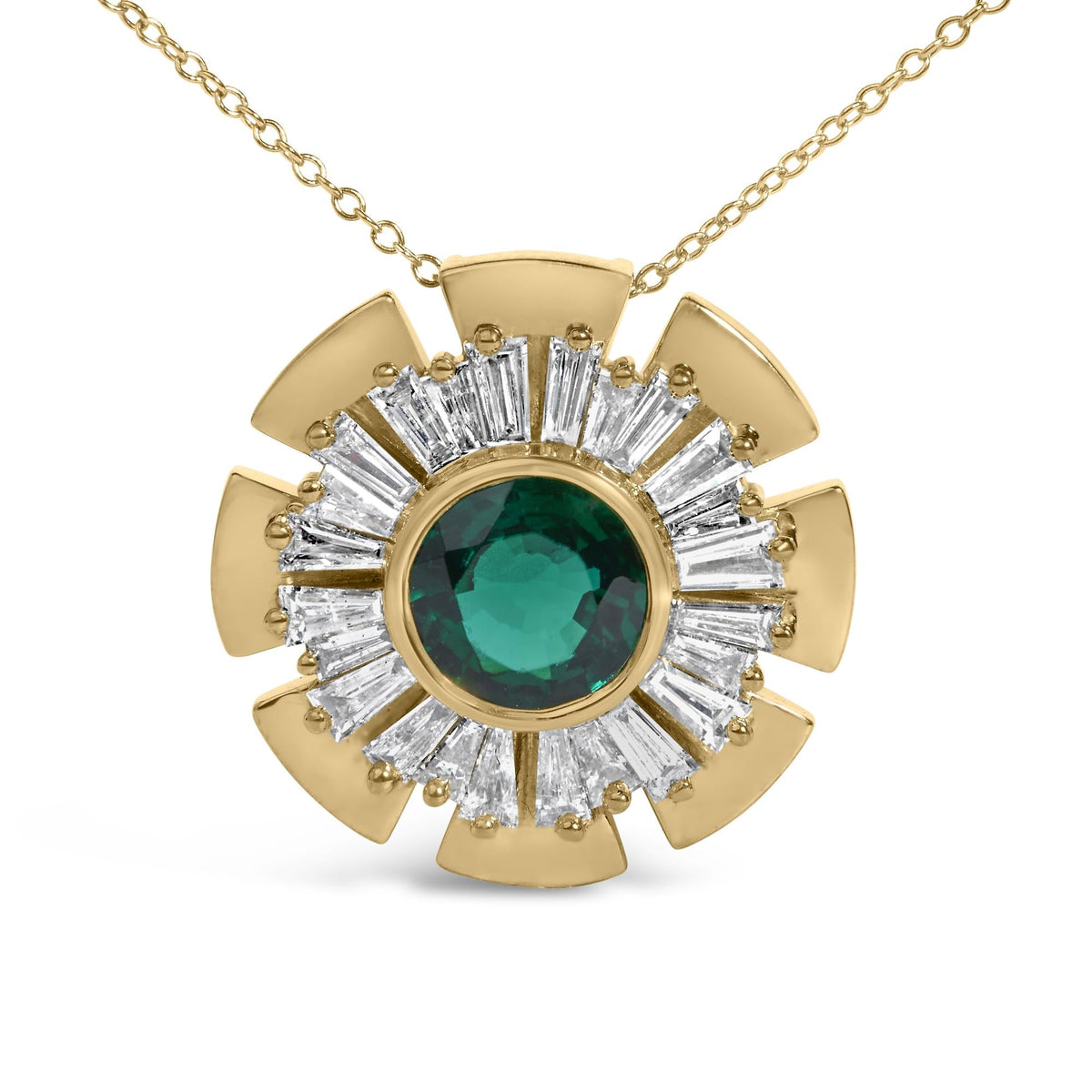14K Yellow Gold Plated .925 Sterling Silver Lab Grown Emerald and Baguette Diamond Medallion Pendant Necklace