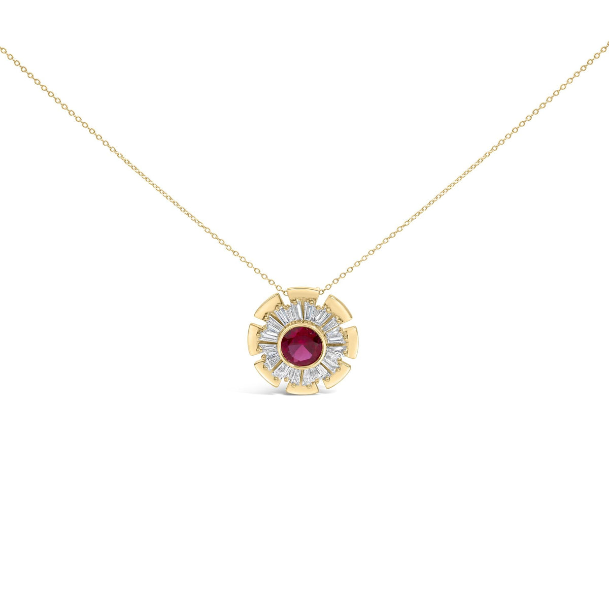 14K Yellow Gold Plated Silver Created Red Ruby and Diamond Baguette Medallion Pendant Necklace