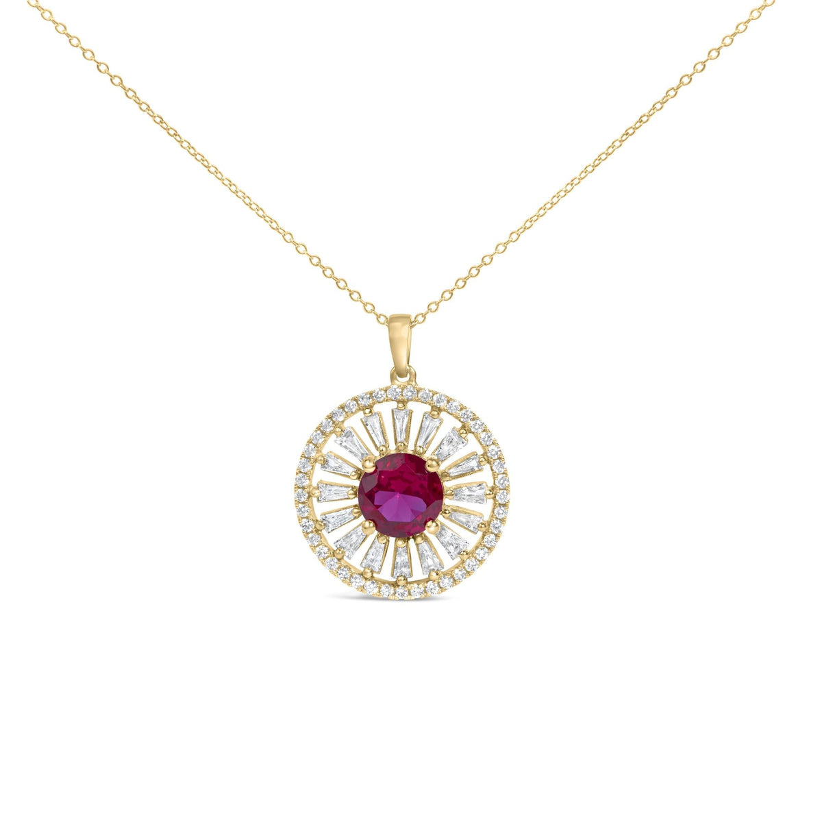 14K Yellow Gold Plated Sterling Silver Lab Grown Ruby and Diamond Sunburst Medallion Pendant Necklace