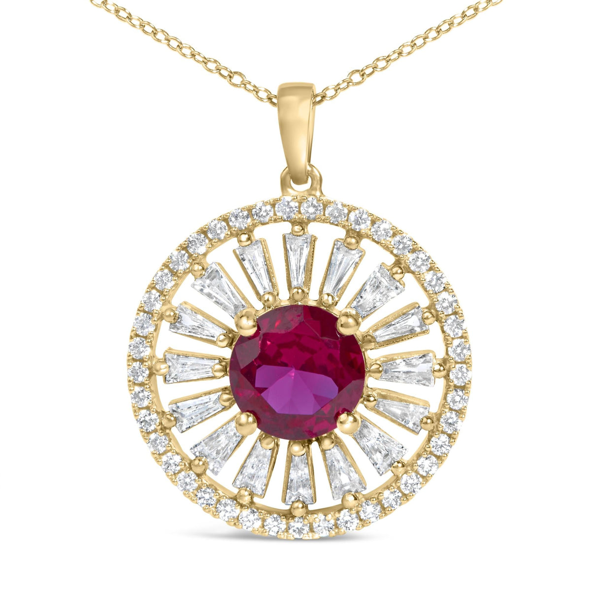 14K Yellow Gold Plated Sterling Silver Lab Grown Ruby and Diamond Sunburst Medallion Pendant Necklace