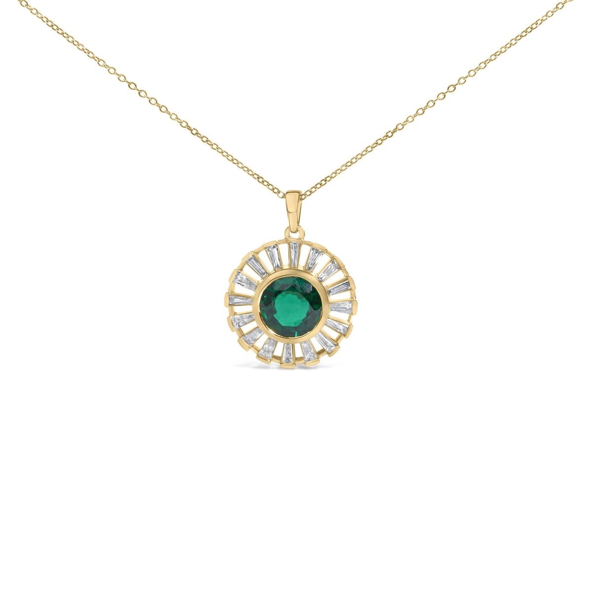 14K Yellow Gold Plated Sterling Silver Lab Grown Emerald and Baguette Diamond Sunburst Medallion Pendant Necklace