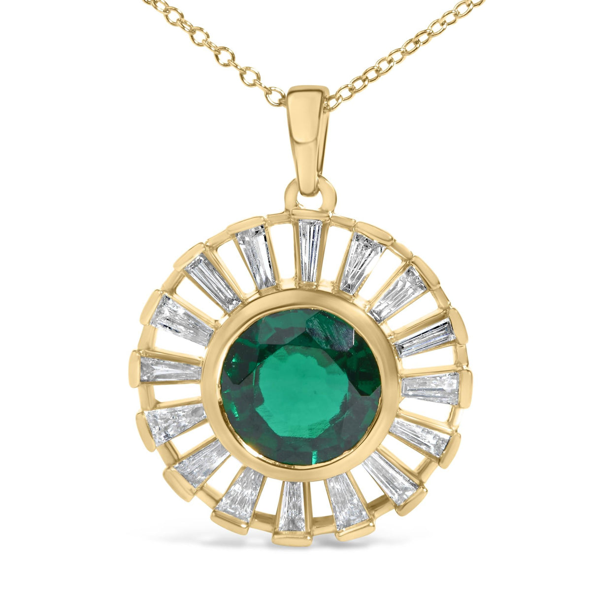14K Yellow Gold Plated Sterling Silver Lab Grown Emerald and Baguette Diamond Sunburst Medallion Pendant Necklace