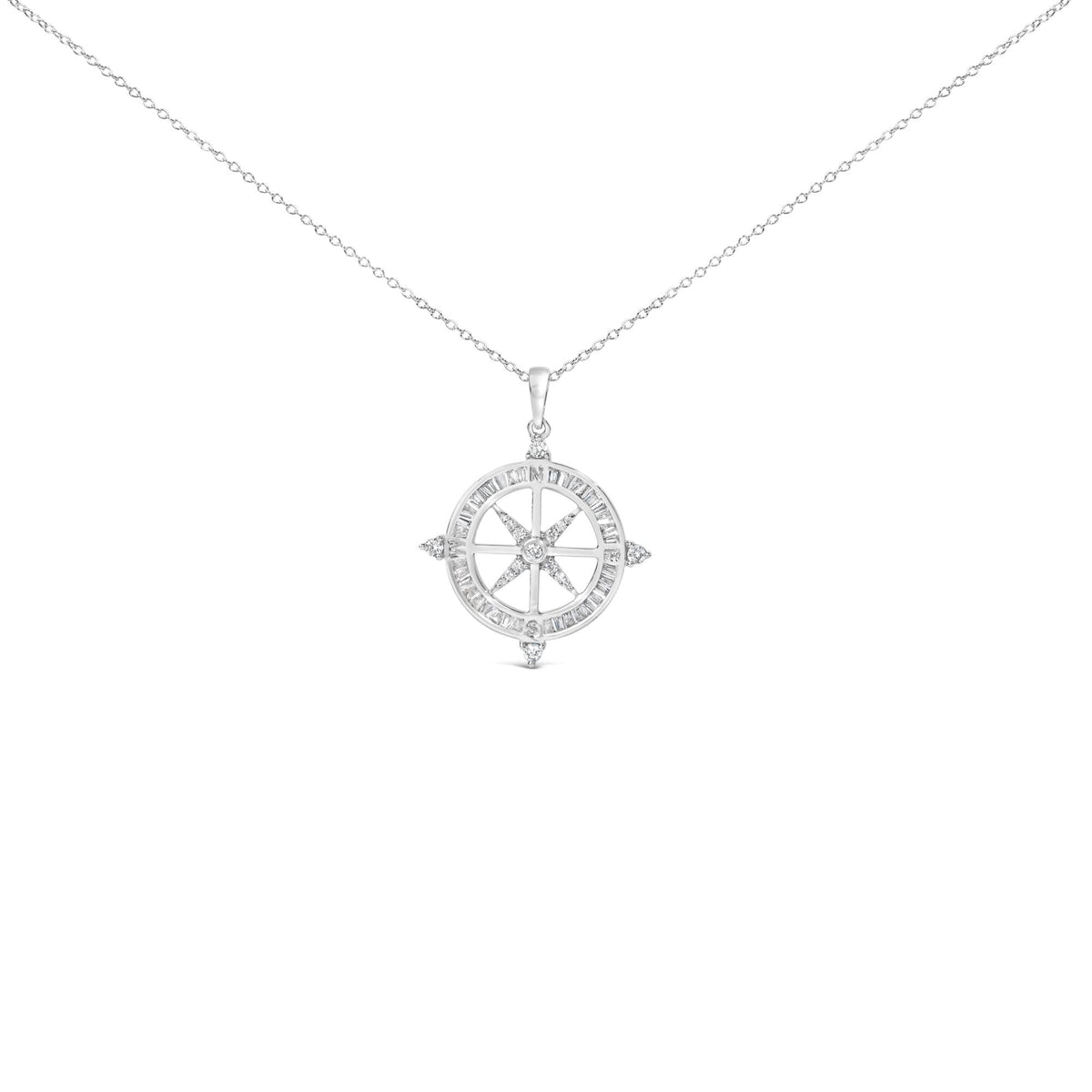 Sterling Silver 3/4 Cttw Diamond Compass Medallion Pendant Necklace