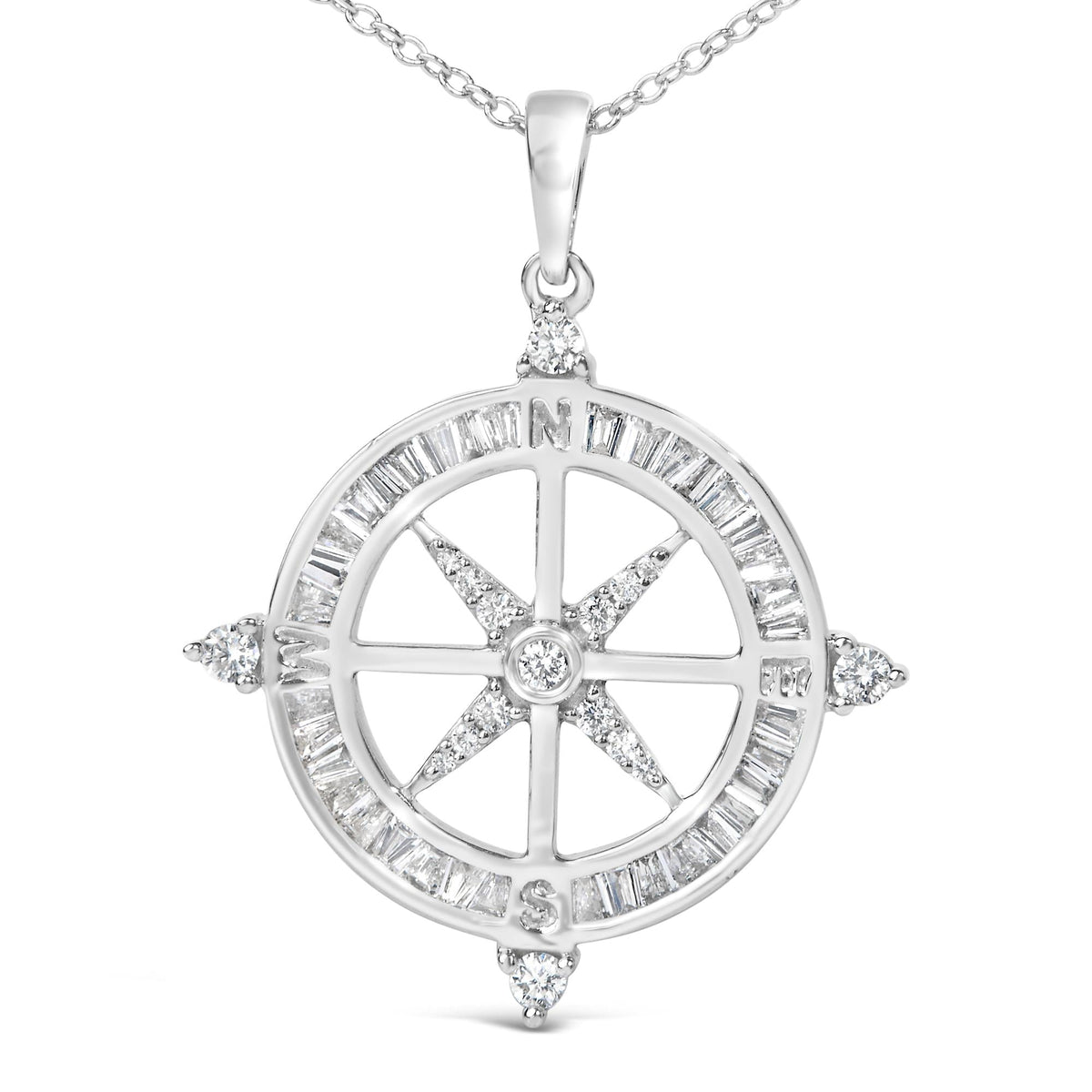 Sterling Silver 3/4 Cttw Diamond Compass Medallion Pendant Necklace