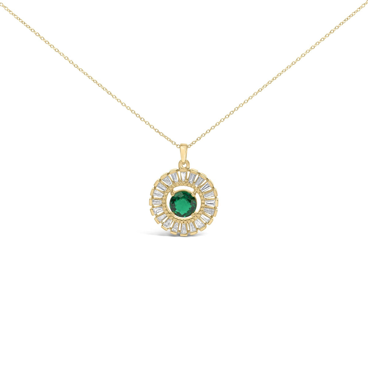 14K Yellow Gold Plated Silver Lab Grown Emerald and Diamond Sunburst Medallion Pendant Necklace