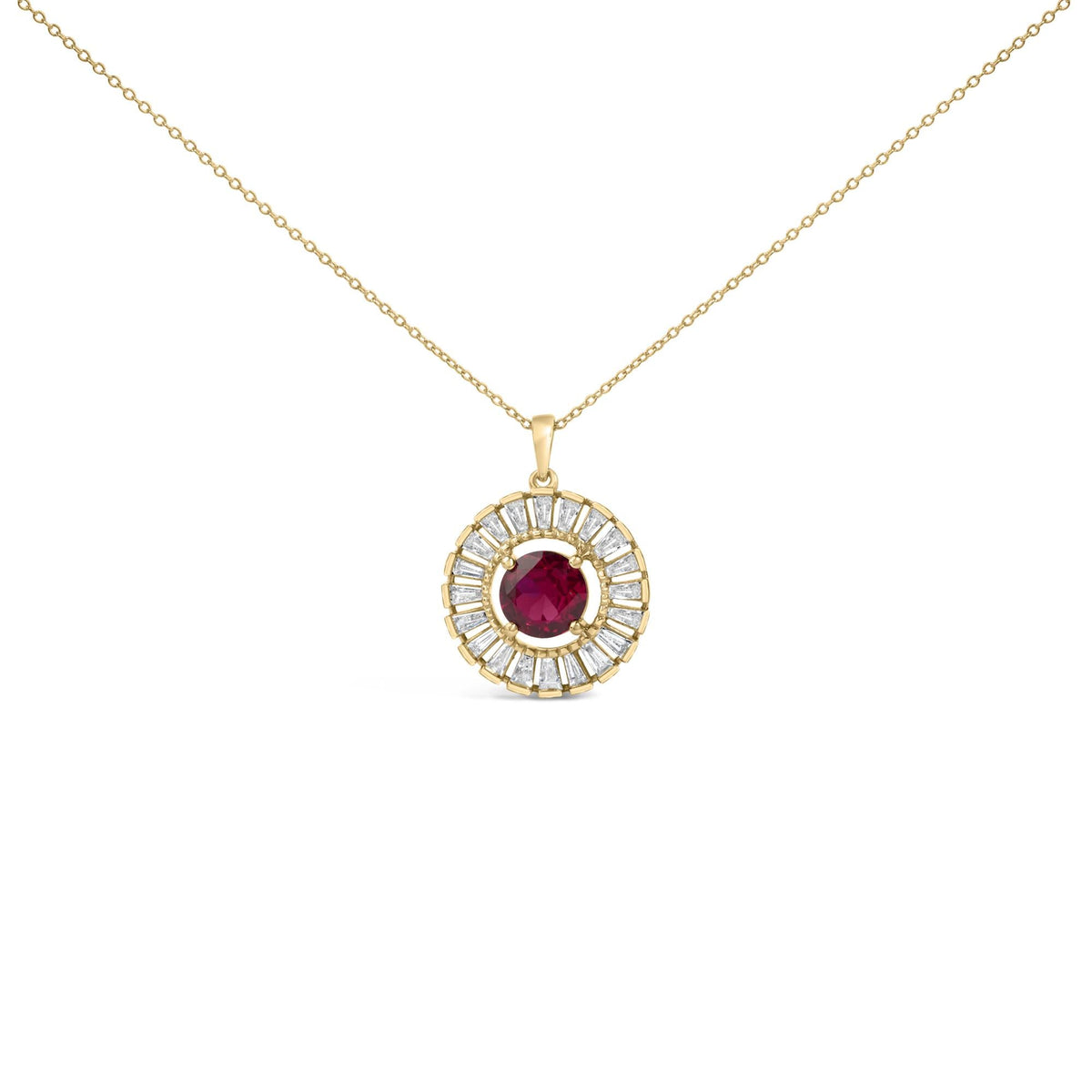 14K Yellow Gold Plated Sterling Silver Lab Grown Ruby and Diamond Medallion Pendant Necklace