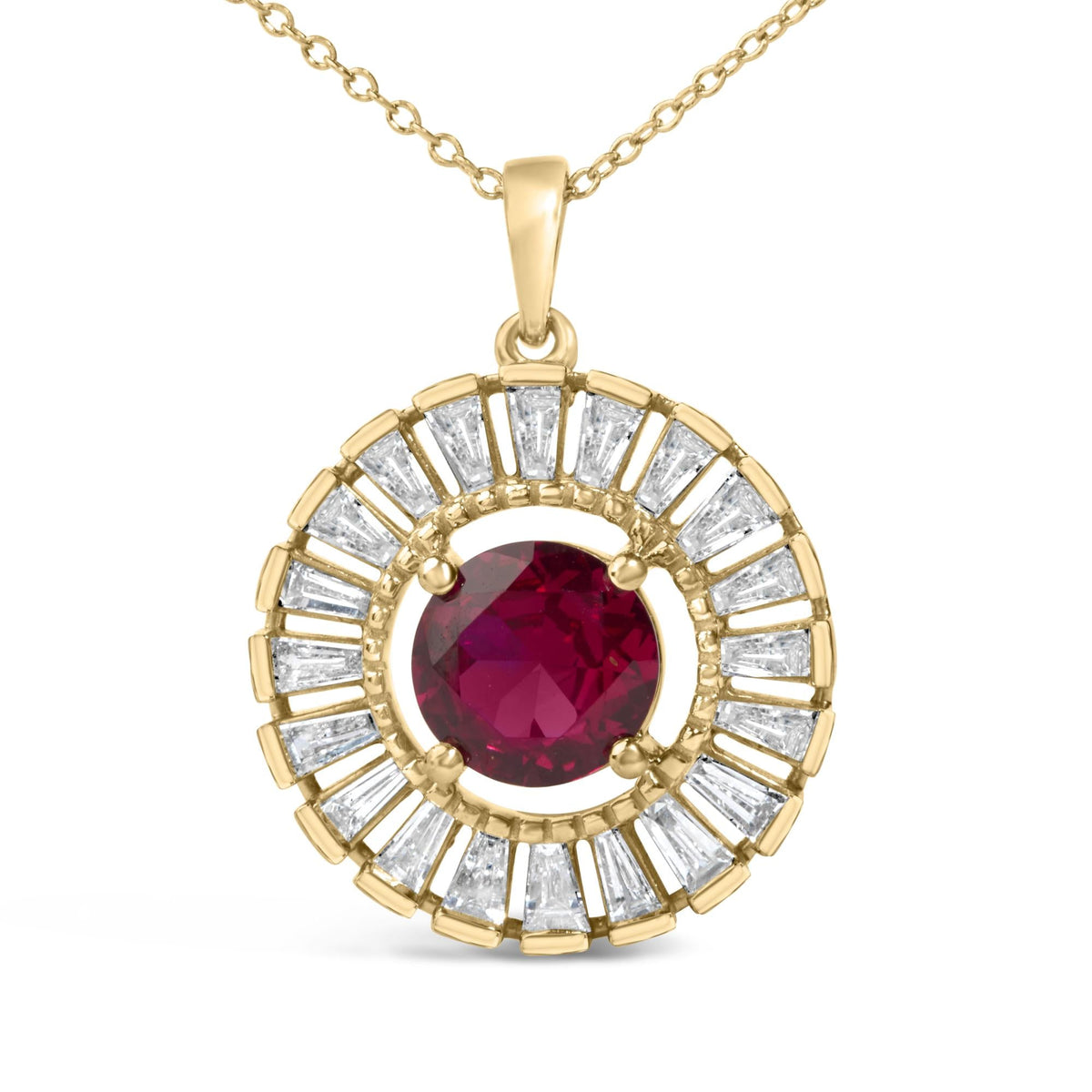 14K Yellow Gold Plated Sterling Silver Lab Grown Ruby and Diamond Medallion Pendant Necklace