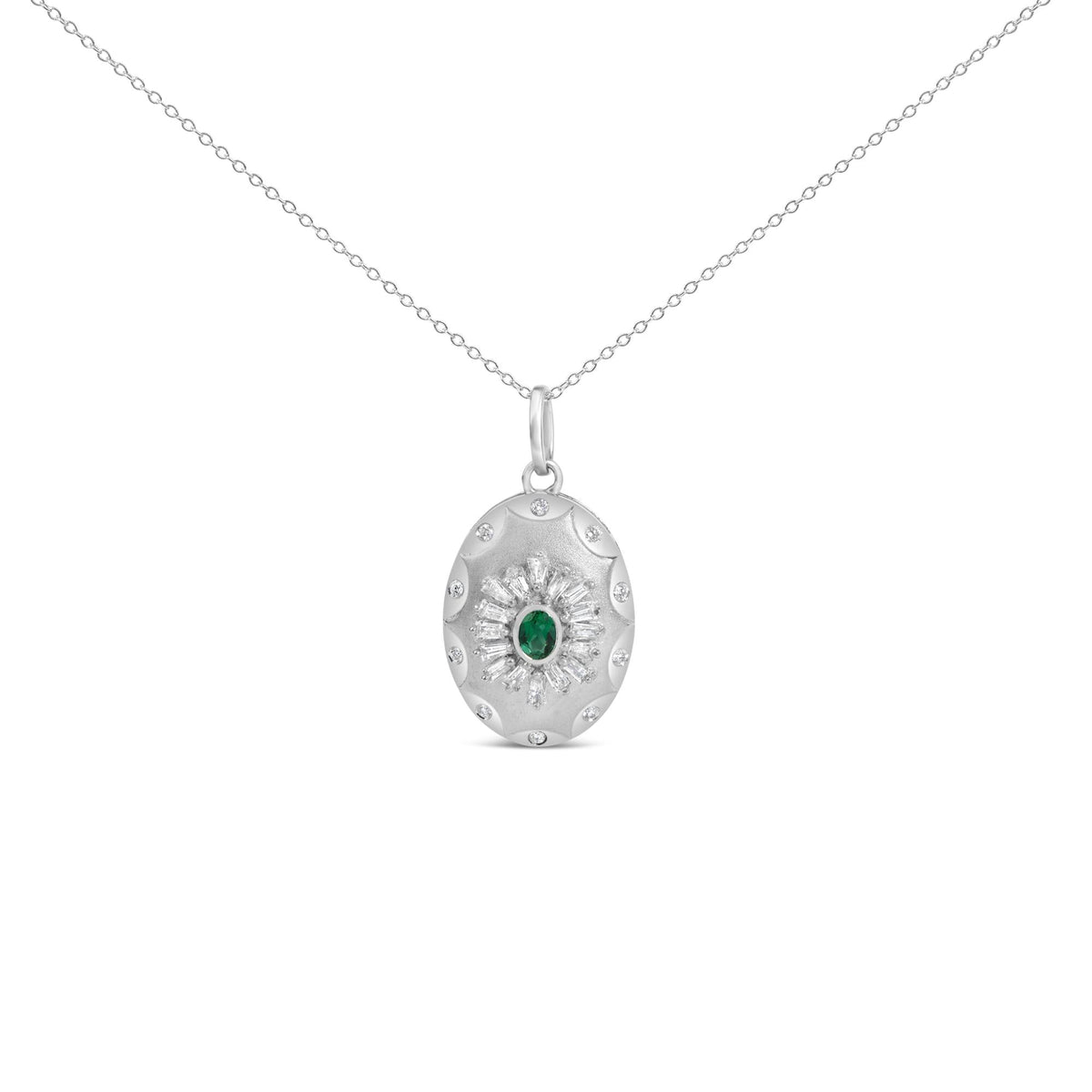 Sterling Silver Lab Grown Emerald and Diamond Sunburst Medallion Pendant Necklace