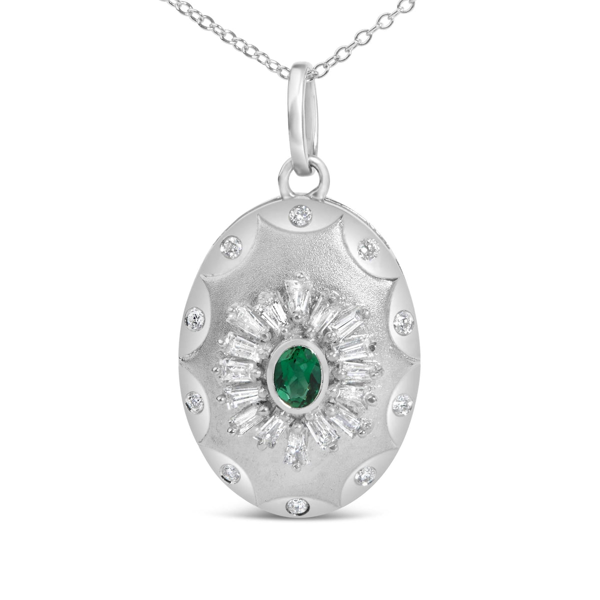 Sterling Silver Lab Grown Emerald and Diamond Sunburst Medallion Pendant Necklace