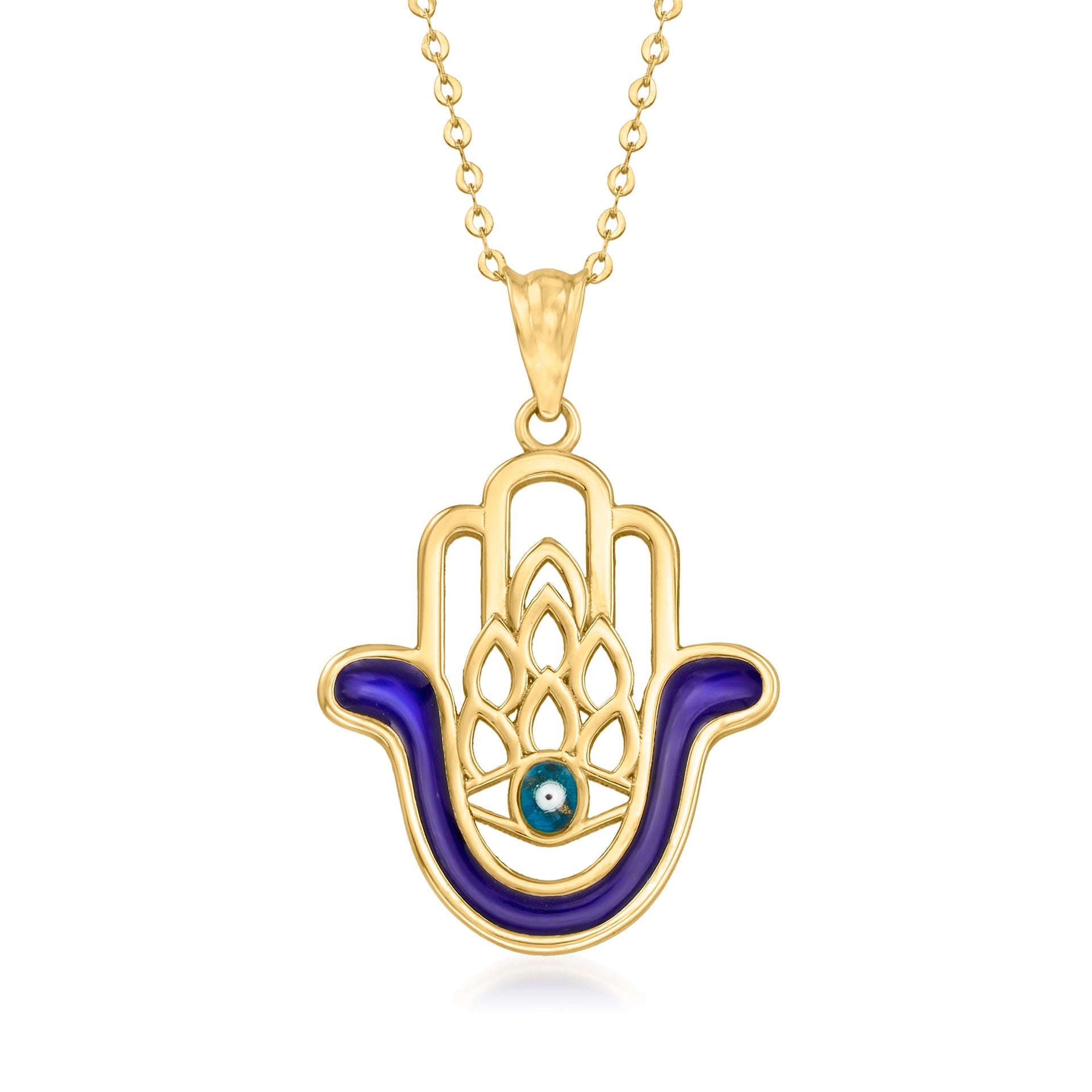 Canaria 10kt Yellow Gold Hamsa Hand Pendant Necklace With Blue Enamel