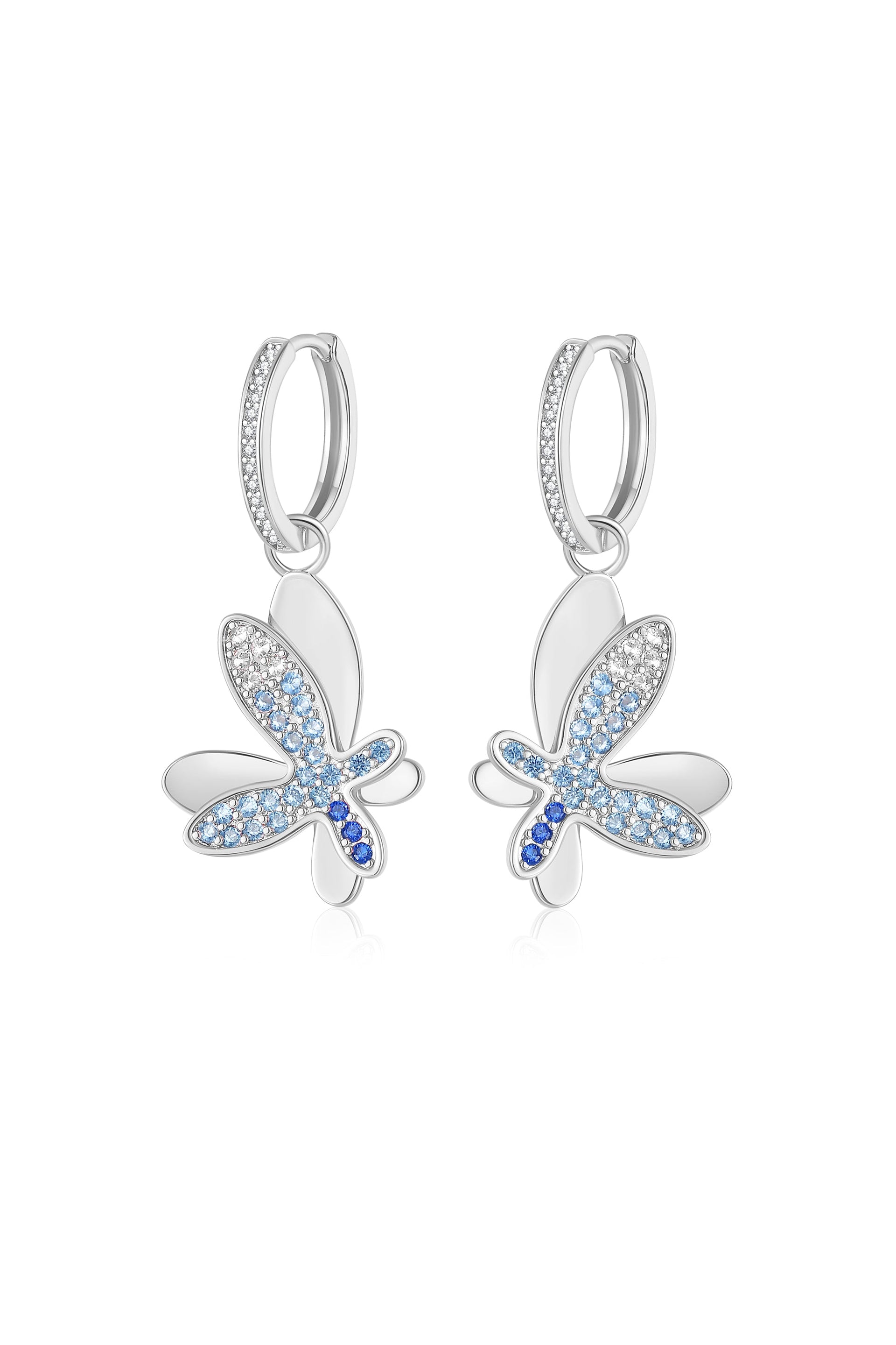 Silver Gradient Blue Pavé Diamond Butterfly Dangle Drop Hoop Earrings