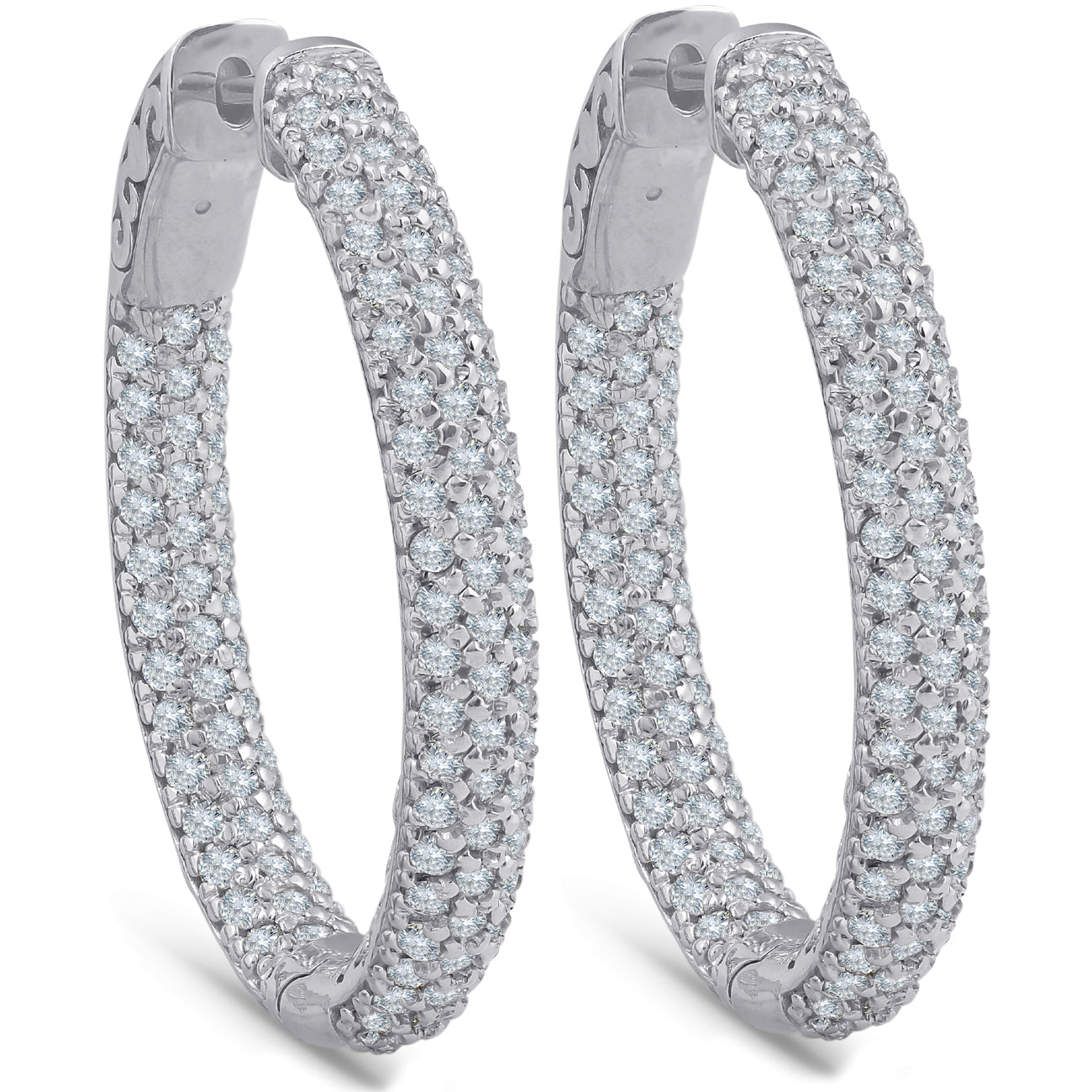 2 1/2 Ct Diamond Hoops 14k White Gold Pave Womens Inside Outside Earrings