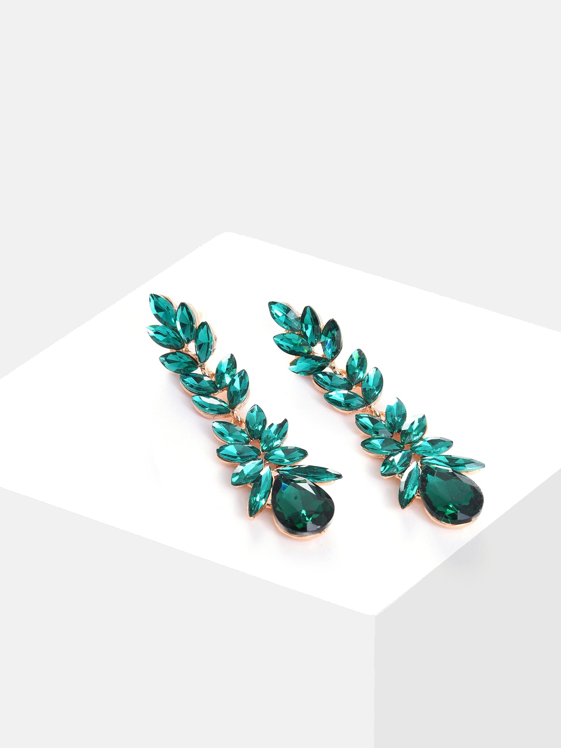 Green Stone Studded Leaf Contemporary Drop Earrings
