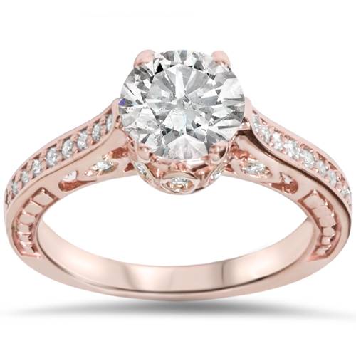 1 1/4ct Vintage Rose Gold Diamond (1ct center) Enhanced Deco Engagement Ring 14K