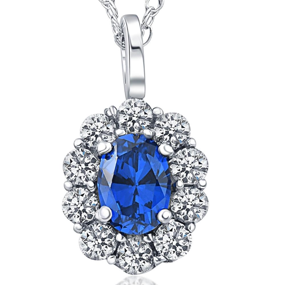 2 ct Oval Created Blue Sapphire & Genuine Diamond Halo Pendant 14K White Gold