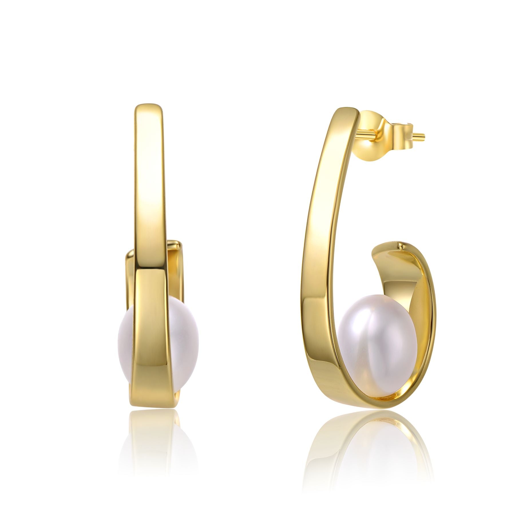 Sterling Silver 14k Yellow Gold Plated with White Pearl Ribbon Half-Hoop Drop Earrings