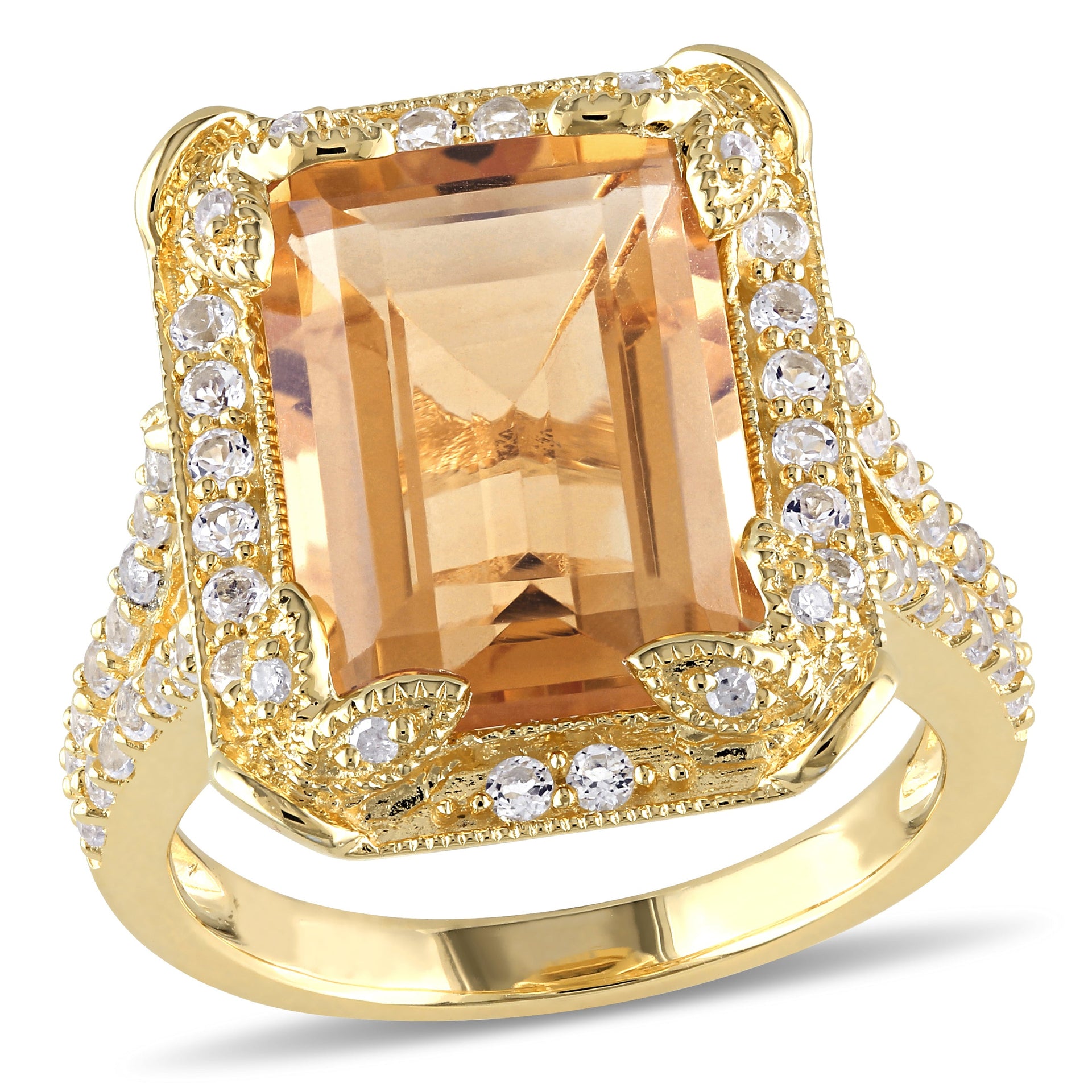 7 3/5ct TW Emerald Cut Citrine, White Topaz and Diamond Halo Leaf Ring Yellow Sterling Silver