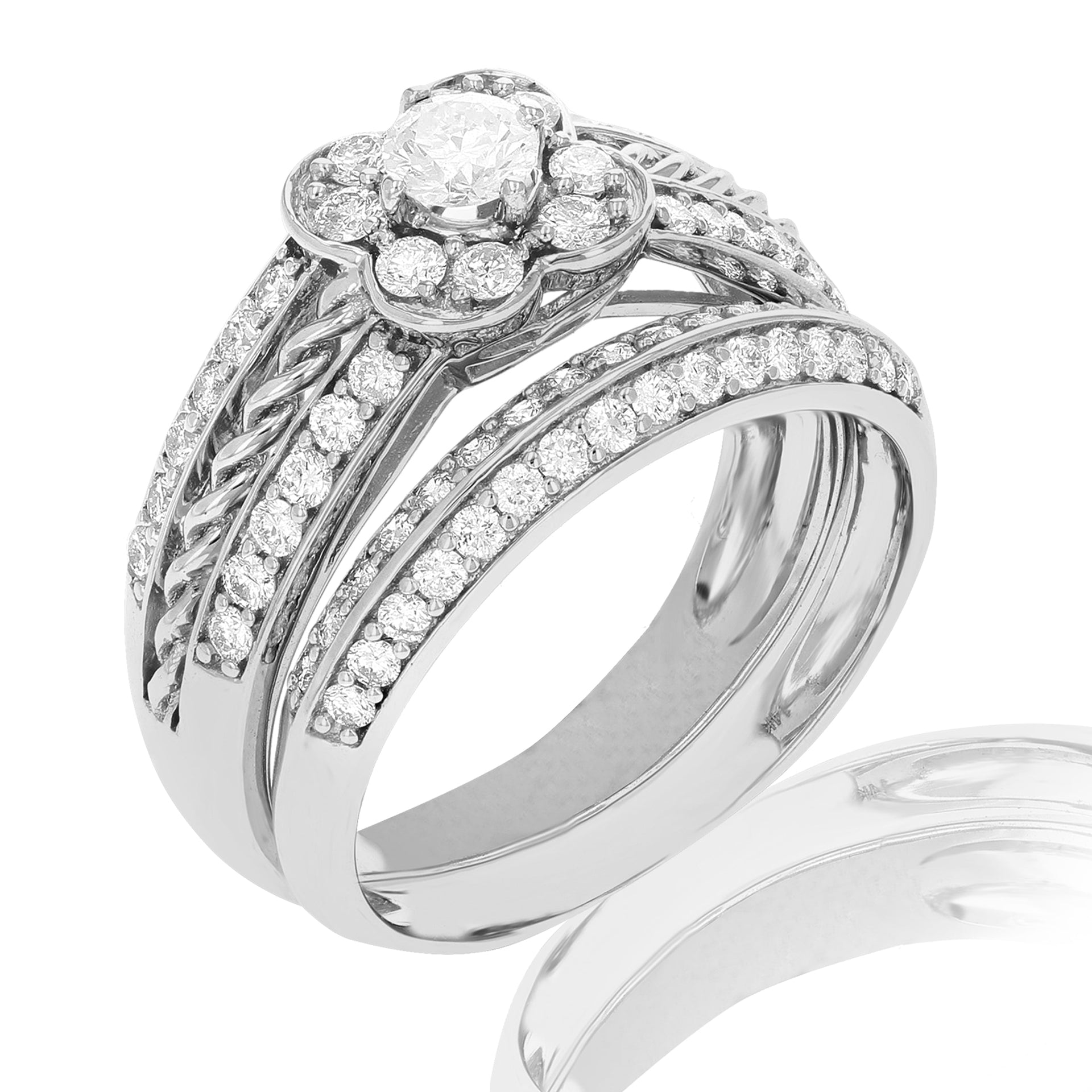 1 cttw Diamond Two Row Flower Wedding Engagement Ring Set 14K White Gold Bridal