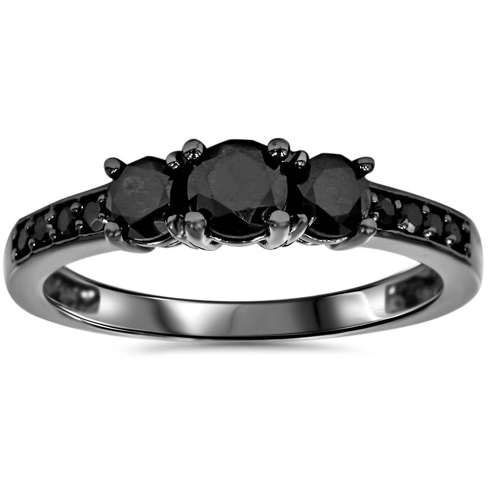 1 1/5ct Heat Treated Black Diamond 3 Stone Ring 10K Black Gold