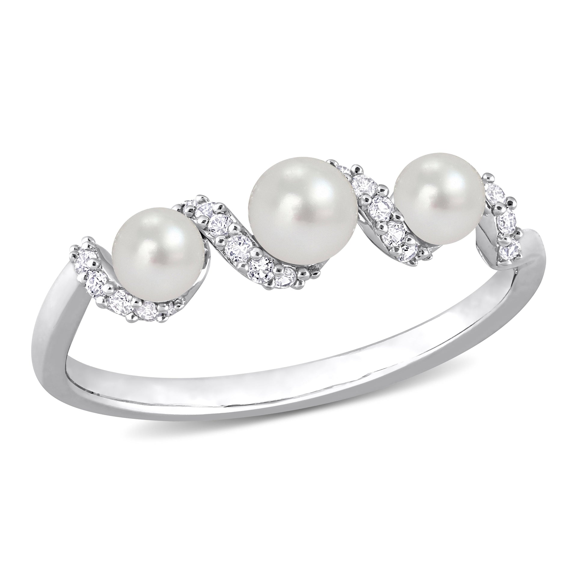 Mimi & Max Women's Cultured Freshwater Pearl and 1/4ct TGW Created White Sapphire Swirl Ring in Sterling Silver