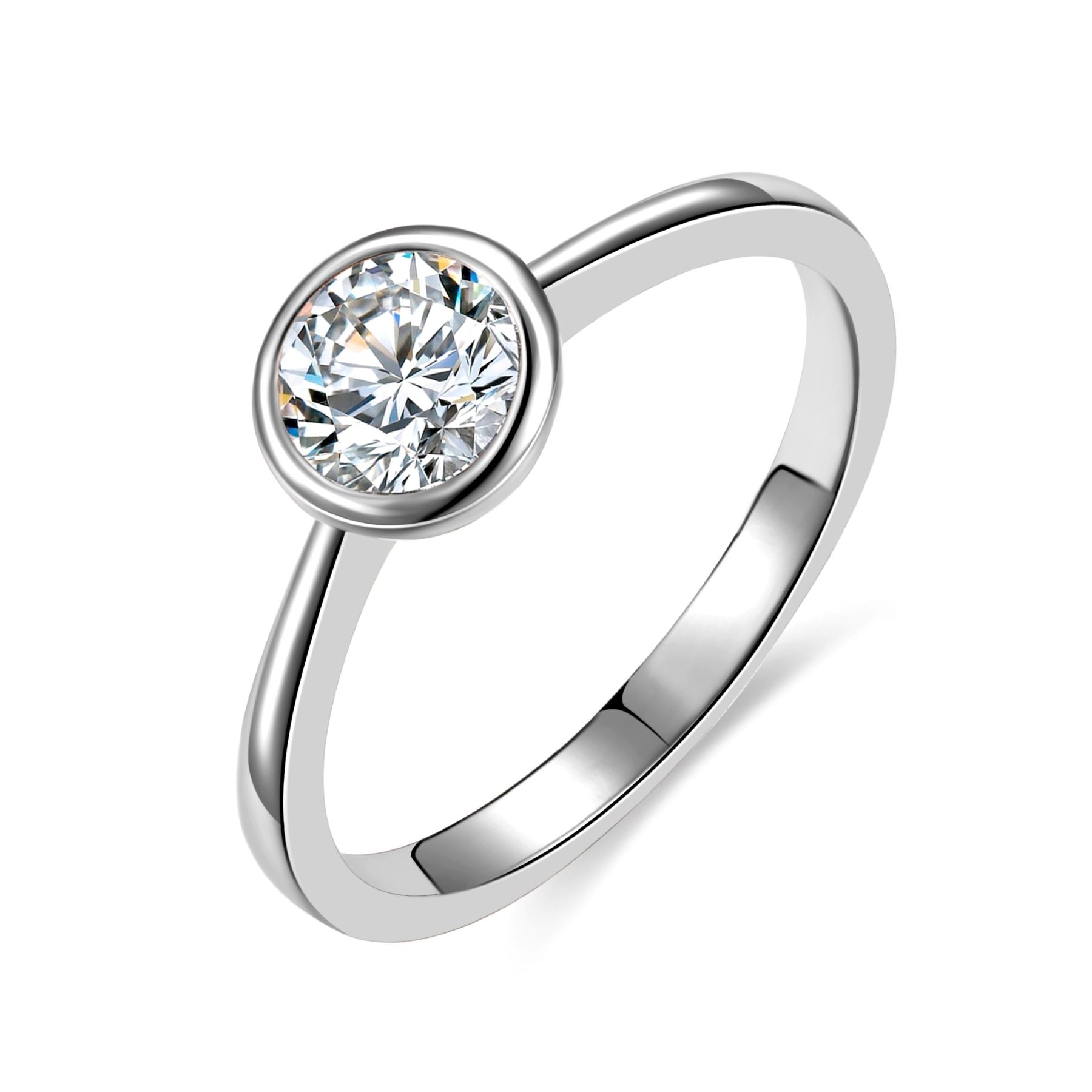 Rg White Gold Plated with Diamond Cubic Zirconia Bezel Solitaire Ring