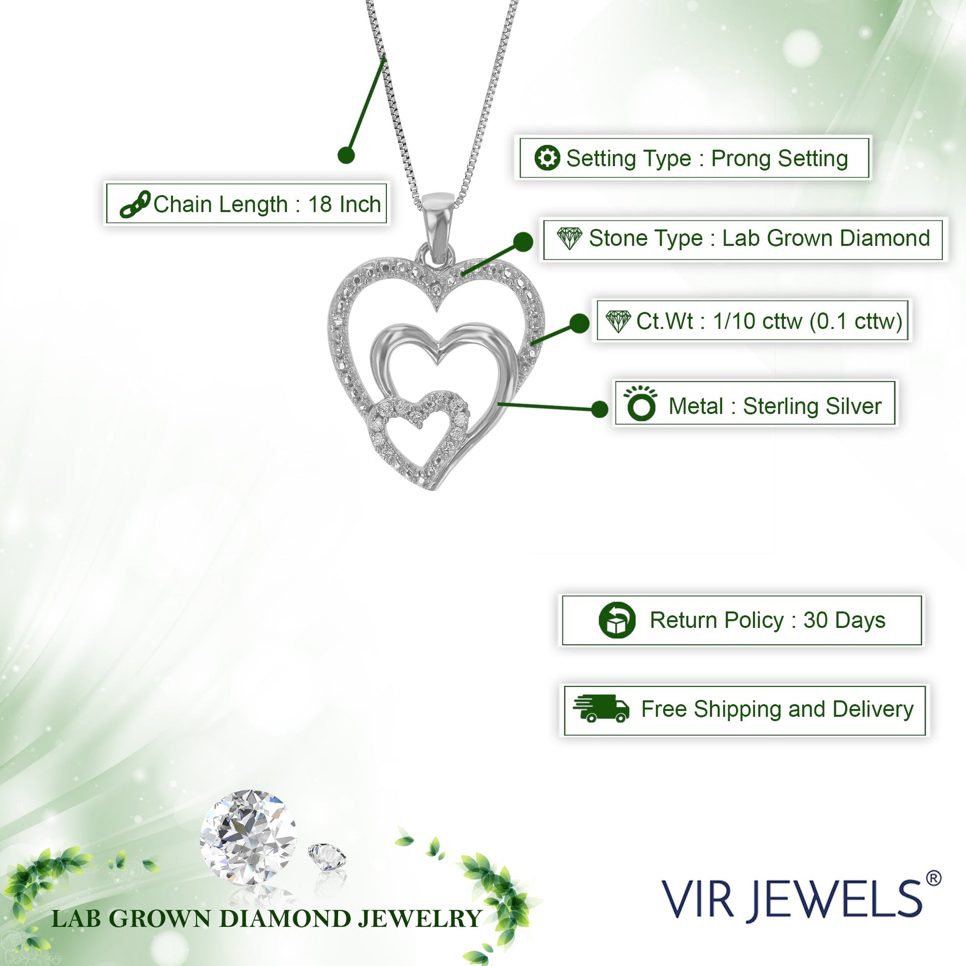 1/10 cttw Lab Grown Diamond Heart Pendant Necklace .925 Sterling Silver For Women 3/4 Inch With 18 Inch Chain