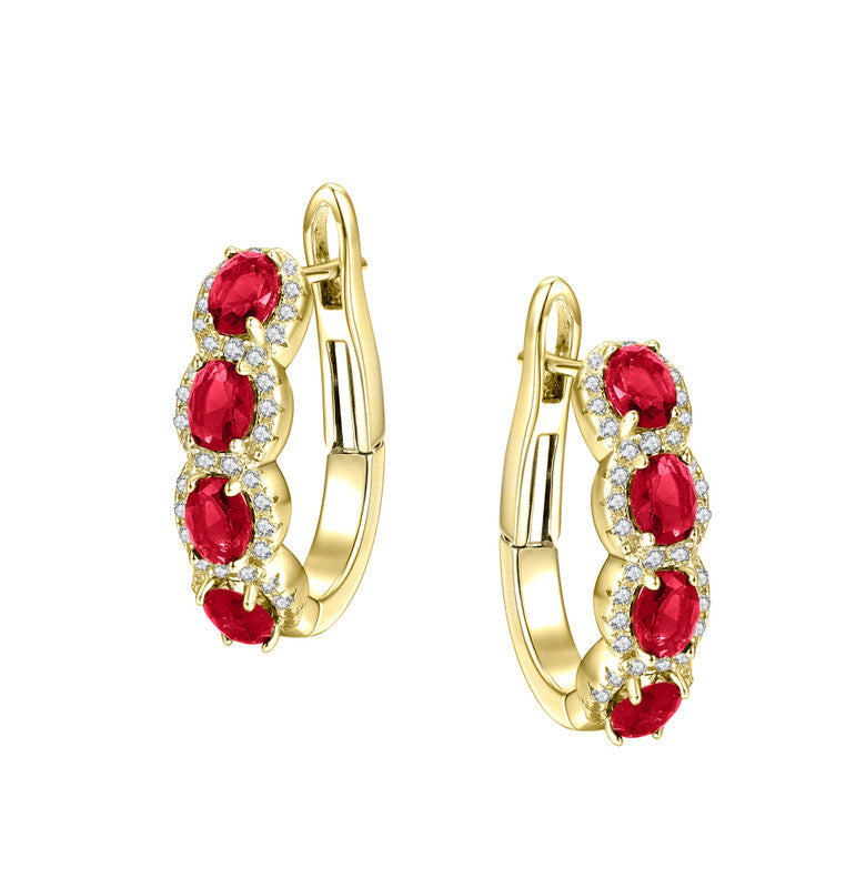 Sterling Silver Gold Plated With Ruby & Diamond Cubic Zirconia Oblong Hoop Leverback Earrings.