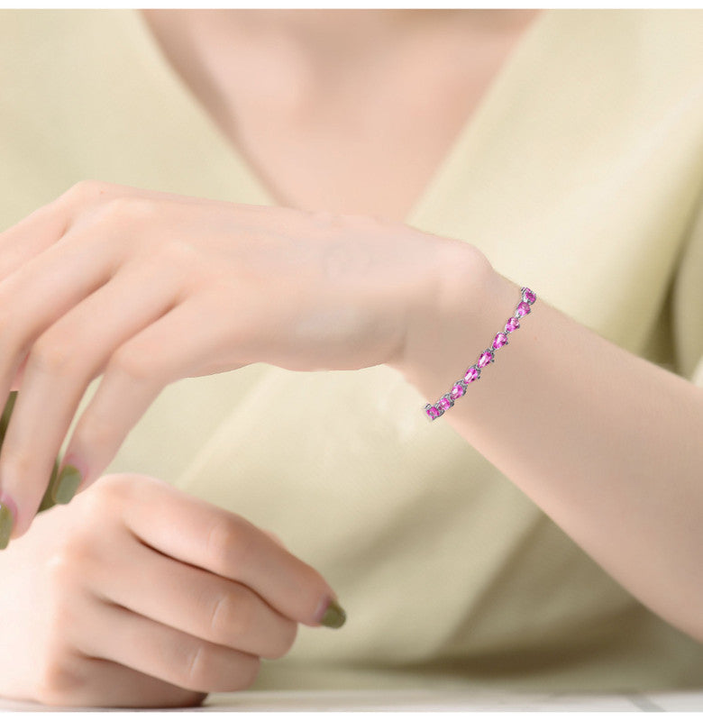 Sterling Silver White Gold Plated with Pink Cubic Zirconia Pear-cut Bracelet