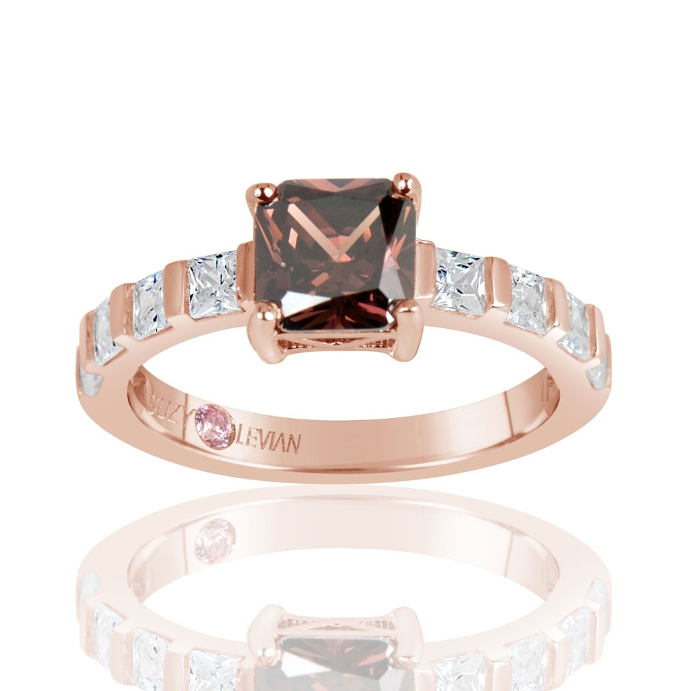 Suzy Levian Rose Sterling Silver Light Brown Asscher Cut Cubic Zirconia Solitaire Engagement Ring