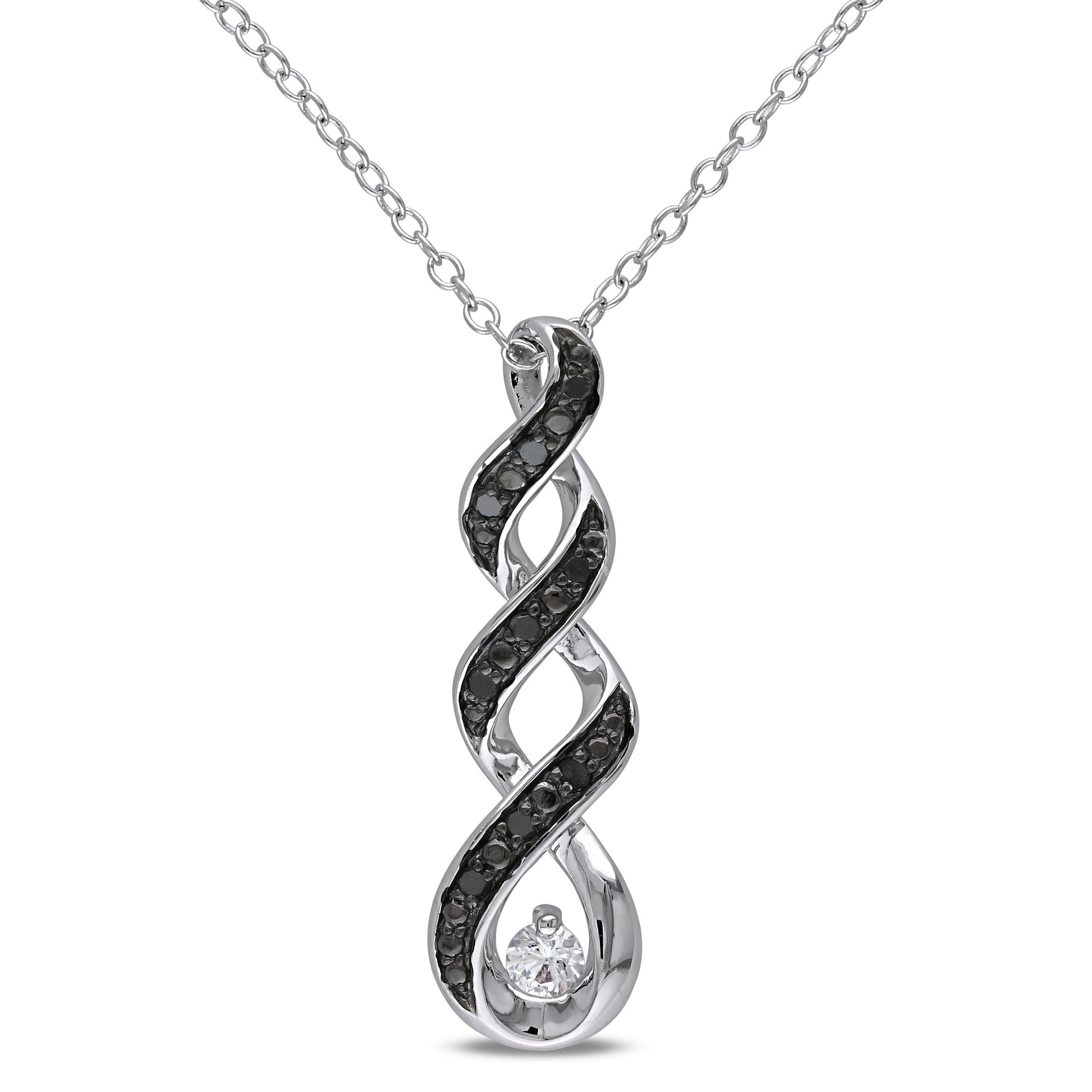 1/10ct TW Black Diamond and Created White Sapphire Twist Necklace in Sterling Silver
