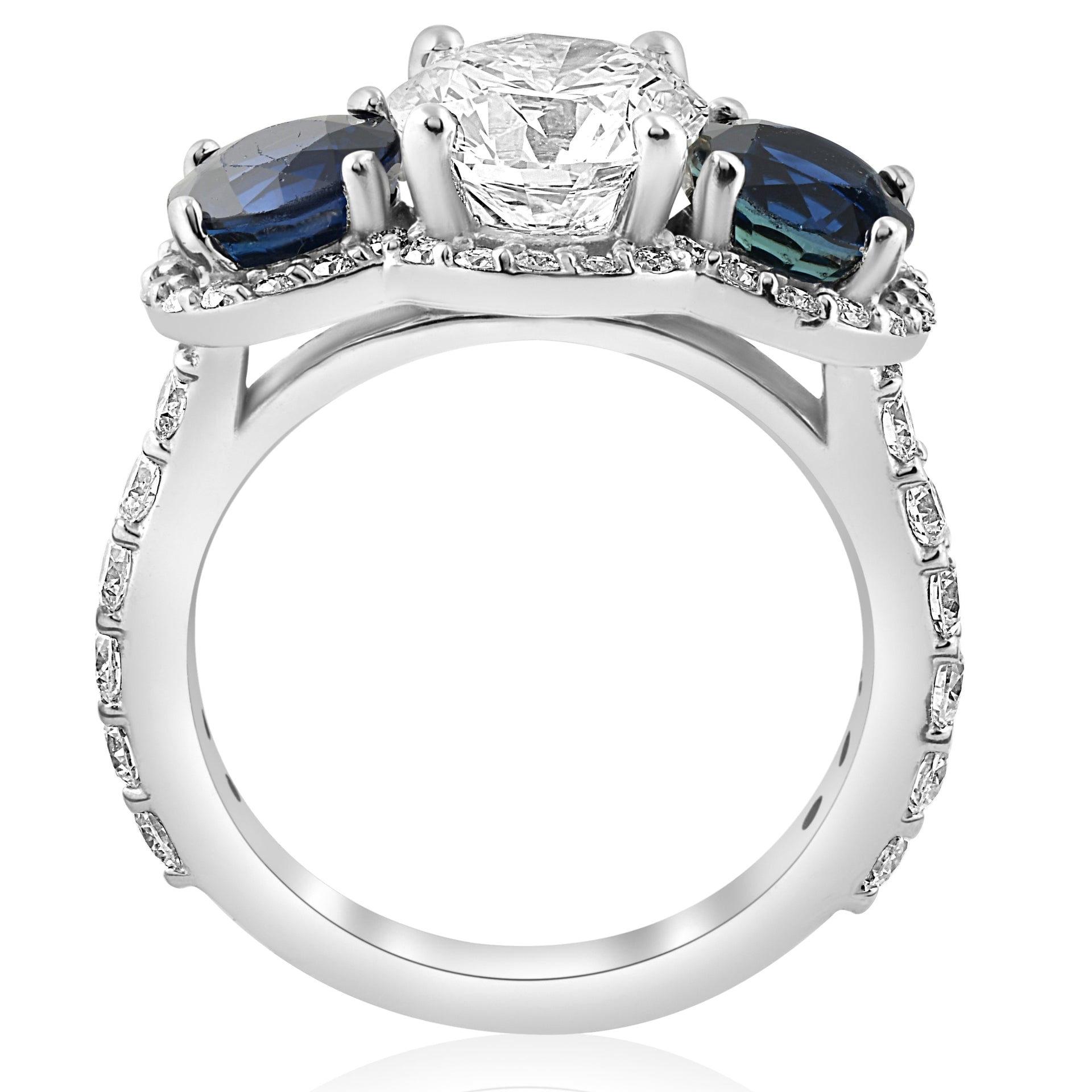 3 1/2 ct Sapphire & Diamond Halo 3-Stone Engagement Ring 14k White Gold