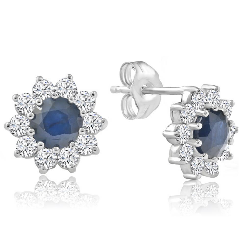 1 3/4ct Blue Sapphire & Diamond Halo Studs Earrings 14K White Gold